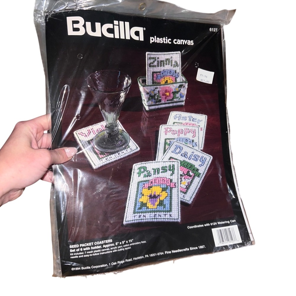 Vintage Bucilla 1994 Needlepoint Cross Stitch Seed Packet Coasters Kit Plastic
